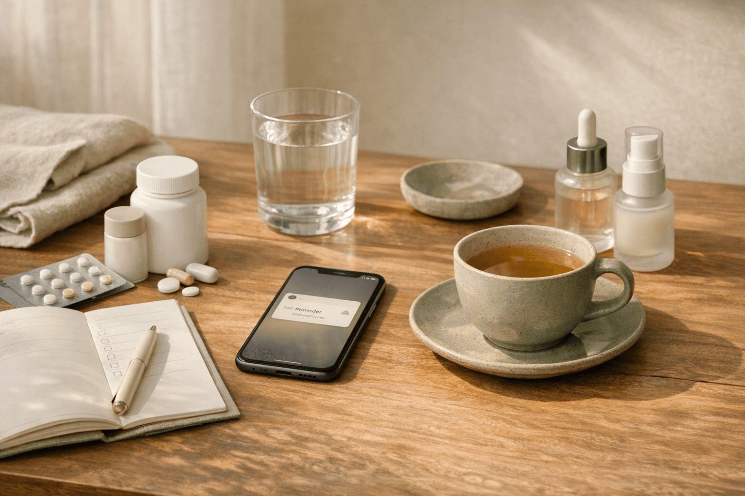 Calm still life representing reminders and daily HRT routine