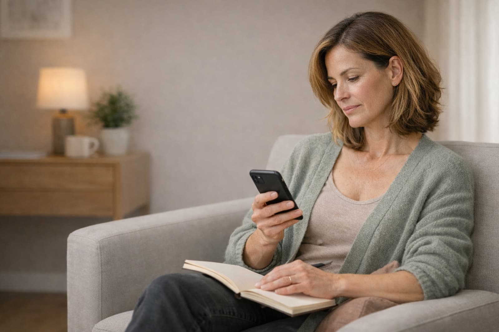 Helen hero image showing app interface alongside a woman using the app at home
