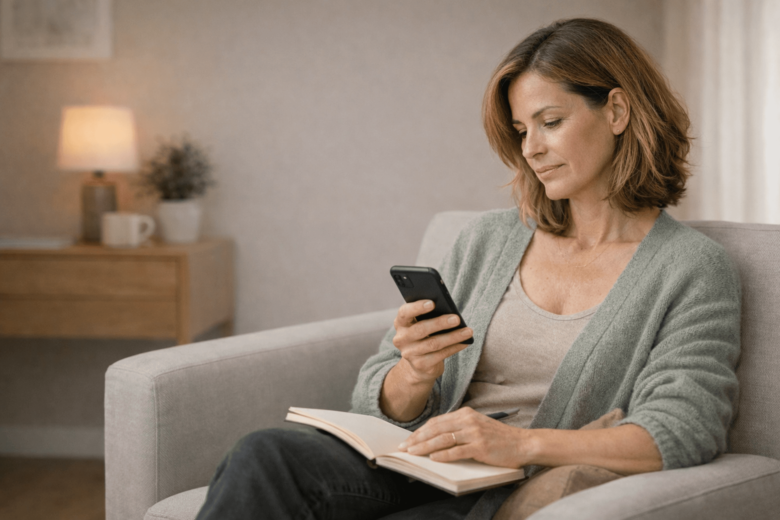 Helen hero image showing app interface alongside a woman using the app at home